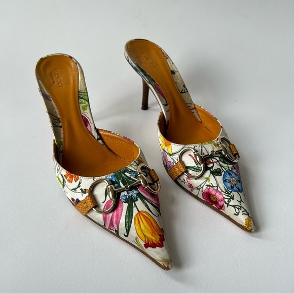 Gucci Flora Horsebit 1955 90's Iconic Kitten Mules Botanical Print sz 8B - Picture 2 of 10